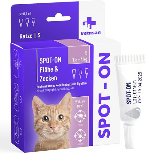 Vetasan Spot-ON für Katzen 1,5-4kg (S) | gegen Flöhe & Zecken | 3 Monate Schutz | ohne Chemie | Zeckenmittel für Katzen | Floh- und Zeckenschutz für Katze von Vetasan