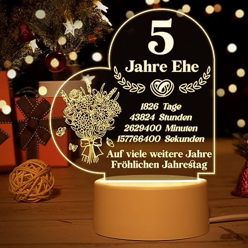 Vetbuosa 5. Hochzeitstag, Holzhochzeit Geschenk - Acryl Nachtlampe, 5 Jahre Jubiläum Deko, Geschenke Zum 5. Hochzeitstag, 5. Hochzeitstag Geschenke für Frau Frauen Männer Paare Ehemann von Vetbuosa