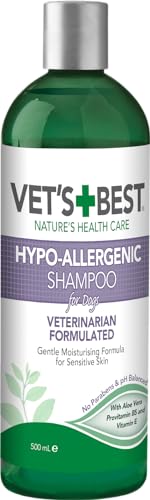 Vet's Best Hypoallergenes Hundeshampoo für empfindliche Haut, lindert Beschwerden bei trockener, juckender Haut, reinigt, befeuchtet und pflegt Haut und Fell 500ml von Vet's Best