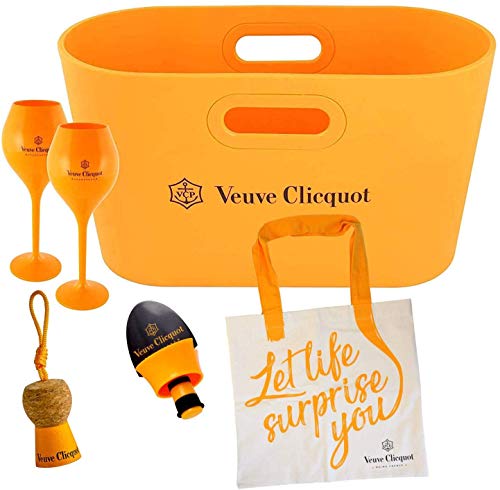 Veuve Clicquot Champagner Flaschenkühler/Papierkorb/Tasche/Blumenvase Yellow Design + 2 Trendy Yellow Gläser + Flaschenverschluss + Leinen-Einkaufstasche Veuve Clicquot Champagner Flaschenkühler/Papierkorb/Tasche/Blumenvase Yellow Design + 2 Trendy Yellow Gläser + Flaschenverschluss + Leinen-Einkaufstasche von Veuve Clicquot