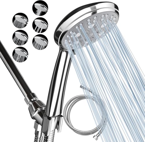 VewePata Hochdruck-Wassersparbrause mit 1,5 m Schlauch, Duschkopf, 6 Strahlarten, Handbrause mit hohem Durchfluss (Silber-Duschkopf mit Schlauch) von VewePata