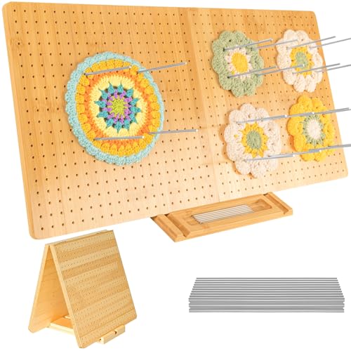 Bambus Faltbare Granny Square Spanner 58 x 29 cm mit 30 Edelstahl-Stabstiften - 800 Löcher für Präzise Projekte, Häkeln Blocking Board, Haltbar und Einfach zu Verstauen von VexNook