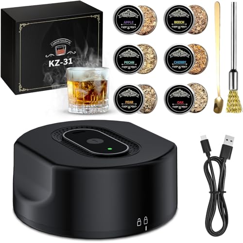 Elektrischer Whisky Smoker Set mit 6 Holzchips - USB-C Wiederaufladbar Flammenfreies Cocktail Smoker Kit, Altmodisches Whisky Räucher set, Cocktail Räuchergerät Geschenk für Männer, Väter von VexNook