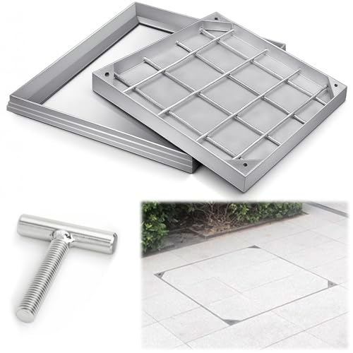 Versenkte Schachtabdeckung 40x40x5,5 cm, versenkte Schachtabdeckung, Aluminiumlegierung, mit Hebeschlüssel, für Terrassen, Garten, Innenhöfe und Straßen von VexNook