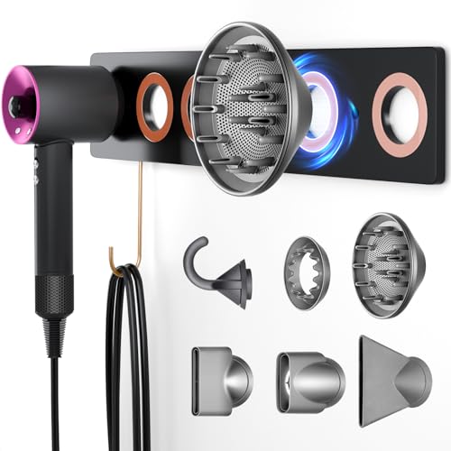 VexNook 6-in-1 Magnetische-Wandhalterung für Dyson Supersonic Haartrockner (HD15/HD08/Vorherige Modelle) -5 Magnetische Ringe, Fönhalter ohne Bohren, Zubehör Halterung, 2-Wege-Installation (Schwarz) von VexNook