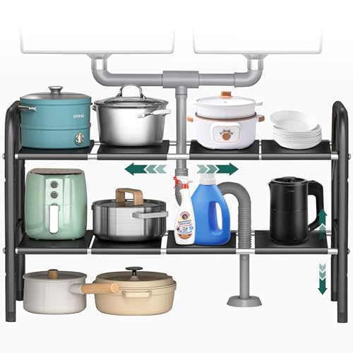 VexNook Spülschrank Organizer – Erweiterbares Regal unter spüle | Einstellbare Größe: 49 x 25 x (52,5-88) cm | Regal Unter Spüle für Mehr Ordnung (8 Abnehmbare Platte) von VexNook