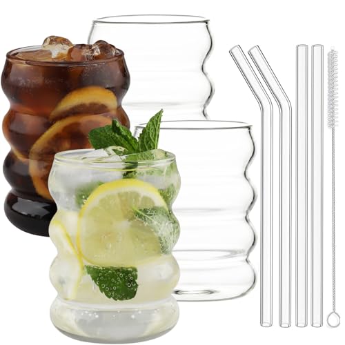 Vexillic Gerippte Trinkgläser mit Glasstrohhalmen, Cocktailgläser 4er Set 350ml Eiskaffee Gläser Bubble für Wasser Eiskaffee Soda Saft mit Bürsten Vexillic Gerippte Trinkgläser mit Glasstrohhalmen, Cocktailgläser 4er Set 350ml Eiskaffee Gläser Bubble für Wasser Eiskaffee Soda Saft mit Bürsten von Vexillic