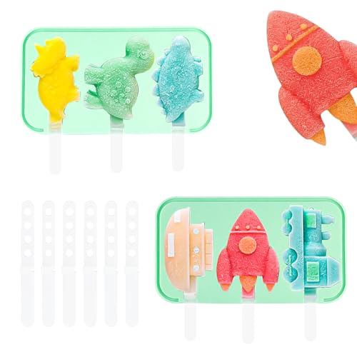 2 Stück Silikon Eisformen Eis am Stiel Kinder Wiederverwendbare Eiscreme Cakesicle Formen kinder DIY Eisform BPA frei mit Deckel（Dinosaurier + Raketen + Tiere+Fahrzeug ） von Vexran