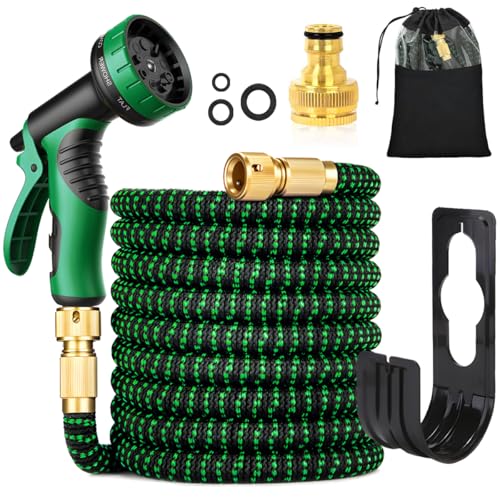 Flexibler Gartenschlauch 30m/100FT Grün, mit Sprühdüse & 3/4"" und 1/2""Messinganschlüsse, Dehnbarer Wasserschlauch Flexibel mit 10-Funktionen, 3x Dehnbar, Knickfrei, für Garten, Boden, Terrasse, Auto von Vexran