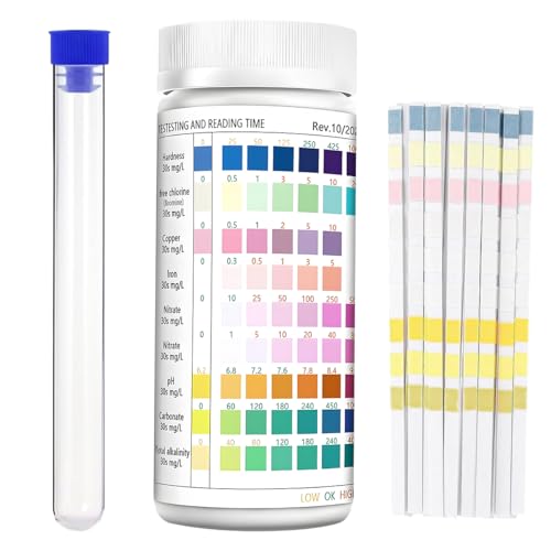 9 in 1 Aquarium Wassertest Teststreifen 200 Stück – Trinkwasser Test, Pool Test, Brunnen & Leitungswasser Analyse, Aquarium Zubehör zur Messung von pH, Härte, Chlor, Nitrat, Nitrit, Eisen, Kupfer, ecc von Vexran