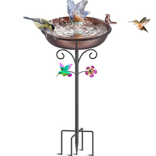 VeyFolzin.st Vogeltränke Stehend aus Metall, Vogelbad für Draußen Garten mit 5 Erdspießen und Kolibri-Blumendekor, Wassertränke und Futterstelle für Vögel(Altbraun) von VeyFolzin.st
