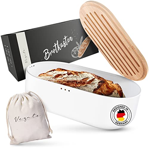 Vezato Brotbox – Nachhaltiger Brotkasten für lange Frische – Extra großer Brotkorb mit Bambusdeckel & Schneidebrett – Nachhaltiger Brotbehälter inkl. Brotsack von Vezato