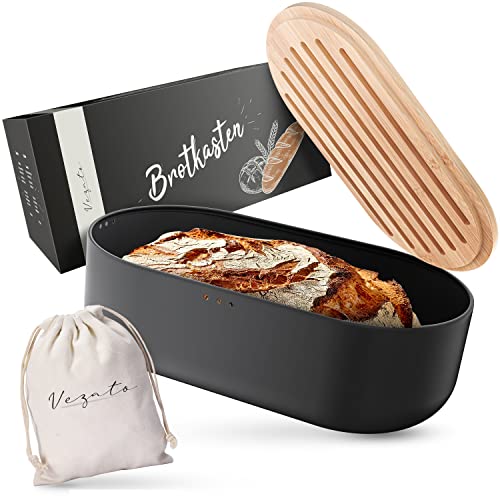 Vezato Brotbox – Nachhaltiger Brotkasten für lange Frische – Extra großer Brotkorb mit Bambusdeckel & Schneidebrett – Nachhaltiger Brotbehälter inkl. Brotsack von Vezato