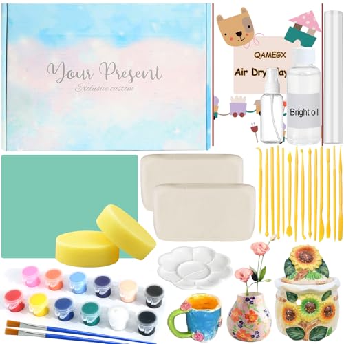 Vezerd Töpferset für Anfänger, Ton Lufttrocknend ohne Brennen für Zuhause, Kreativ DIY Keramik Basteln Erwachsene mit Glanzlack, Werkzeuge, Pottery Set Als Geschenke für Kinder von Vezerd