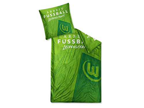 VfL Wolfsburg - Bettwäsche 'Arbeit Fussball Leidenschaft' grün - Oeko-TEX Zertifiziert - 80x80cm Kissen - 135x200cm Decke von VfL Wolfsburg