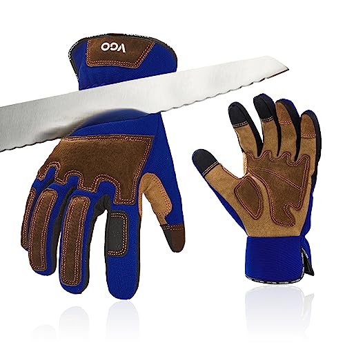 Vgo... 1 Paar Schnittfeste Handschuhe, Sicherheitsleder-Arbeitshandschuhe, Mechaniker-Handschuhe, HPPE Anti-Schnitt-Innenfutter, EN388 Level C, ANSI-Stufe A5(SL7475CTA5) von Vgo...