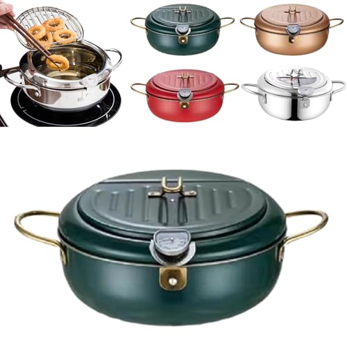 Achievementk - Stainless Steel Frying Pot, 304 Stainless Steel Deep Fryer Pot with Lid, Japanese Tempura Deep Fryer Pot with Thermometer & Oil Drip Drainer Rack, 2.2/3.4/4.2L Capacity (Green, 20cm) von Vgpbphj