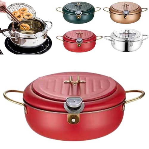 Achievementk - Stainless Steel Frying Pot, 304 Stainless Steel Deep Fryer Pot with Lid, Japanese Tempura Deep Fryer Pot with Thermometer & Oil Drip Drainer Rack, 2.2/3.4/4.2L Capacity (Red, 24cm) von Vgpbphj