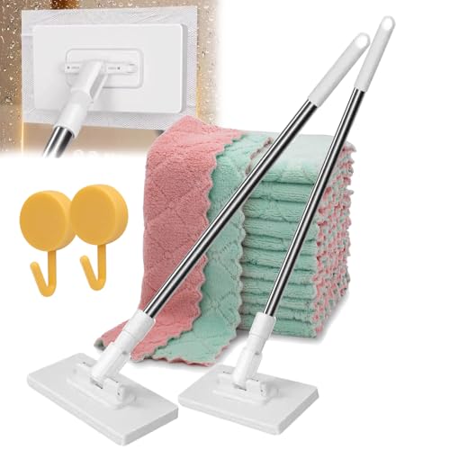 Fregona Antipolvo Desechabl, flacher Wischmopp mit Einweg-Pads, 360° Mini-Staubmopp, 99,1 cm, Nass- und Trockenwischstab mit Verriegelungskopf und Kehrtüchern für Wand, Fenster (2 Set + 10 Tücher) von Vgpbphj