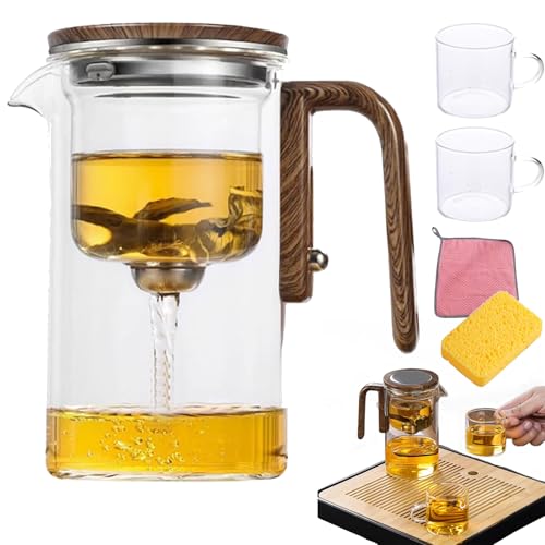 Wassertrennung Glas-Teekanne mit Holzgriff, magische Teekanne Glas mit Teesieb, Glas-Teekanne mit Teesieb, klare Glas-Teekanne mit Sieb, Drucksteuerung (720 ml transparent + zwei Tassen) von Vgpbphj
