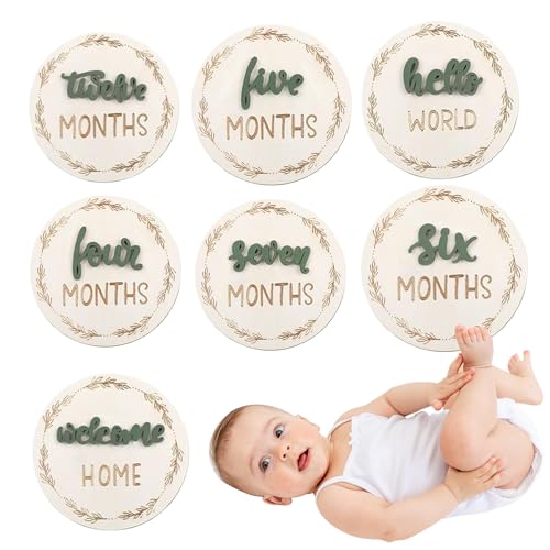 Schilder Monat Geburtstag Baby | 7 Stück doppelseitige Illustrationen 3D Baby – Karten zur Geburt Holz Deko Scheiben Monat wiederverwendbar für Kinderzimmer Wohnzimmer von Vgvgaj