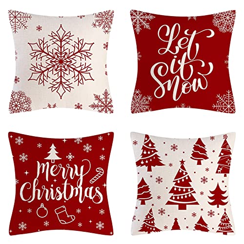 Vgzsyomqib Kissenbezug Weihnachten Sofakissen Frohe Weihnachts Kissenbezüge 45x45 cm Winter Weihnachtsdeko Dekokissen Couchkissen Bezug Leinen Kissenhülle Christmas Decorations 4er Set Rot Beige 01 von Vgzsyomqib