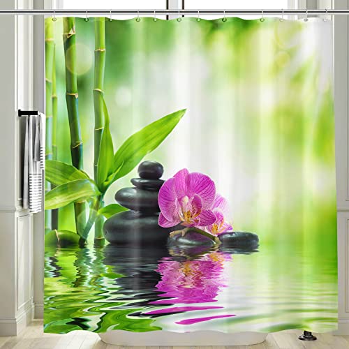 Vgzsyomqib 3D Zen Duschvorhang Anti Schimmel Wasserdicht für Badewanne Yoga Orchidee Stoff Bad Vorhang Shower Curtains 120 x 200 Lang Grün Bambus Gelb Duschvorhänge Waschbar Textil mit Haken von Vgzsyomqib