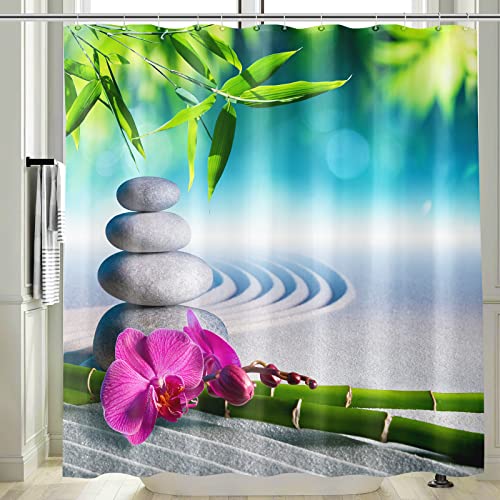 Vgzsyomqib 3D Zen Duschvorhang Anti Schimmel Wasserdicht für Badewanne Yoga Orchidee Stoff Bad Vorhang Shower Curtains 180x180 Lang Grün Bambus Grau Duschvorhänge Waschbar Textil mit Haken von Vgzsyomqib