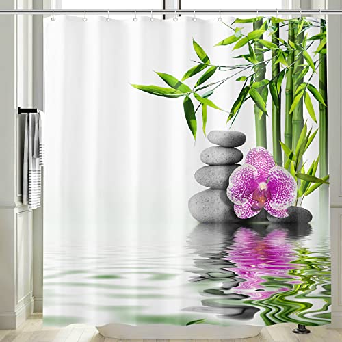 Vgzsyomqib 3D Zen Duschvorhang Antischimmel Wasserdicht für Badewanne Natur Orchidee Stoff Vorhang Shower Curtains 120 x 200 Lang Grün Bambus Weiß Duschvorhänge Waschbar Textil mit Haken von Vgzsyomqib