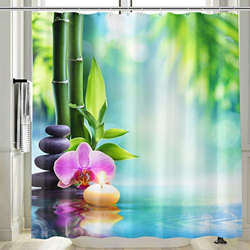 Vgzsyomqib 3D Zen Duschvorhang Antischimmel Wasserdicht für Badewanne Natur Orchidee Stoff Vorhang Shower Curtains 180x180 Lang Grün Bambus Blau Duschvorhänge Waschbar Textil mit Haken von Vgzsyomqib