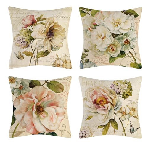 Vgzsyomqib Beige Blumen Kissenbezug Quadratisch Leinen Sofakissen Kissenbezüge 45x45 Frühling Muster Dekokissen Zierkissen 4er Set Vintage Deko Kissenhülle für Sofa Couch Outdoor Wohnzimmer von Vgzsyomqib