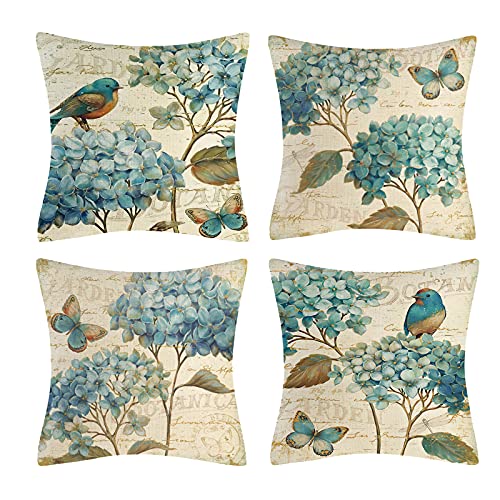 Vgzsyomqib Blumen Vögel Kissenbezug Kissen Hülle Sofakissen Pflanzen Kissenbezüge 45x45 cm Dekokissen Couchkissen Bezug Schlafzimmer Vintage Kopfkissen Bezüge Deko Kissenhülle 4er Set Beige Blau von Vgzsyomqib