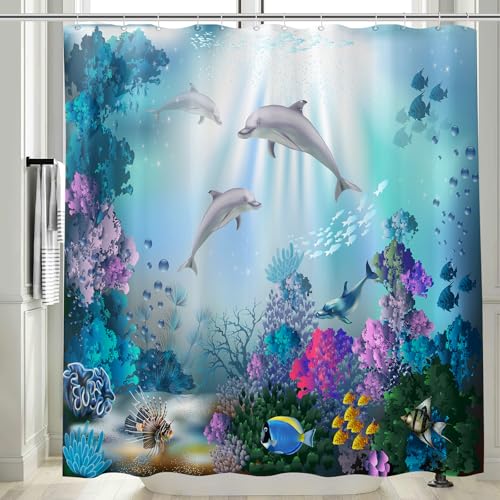 Vgzsyomqib Delphin Meer Duschvorhang 180x200 Lang Anti Schimmel Wasserdicht für Badewanne Stoff Shower Curtains 3D Delfin Fische Blau Unterwasserwelt Motiv Duschvorhänge Waschbar Textil von Vgzsyomqib