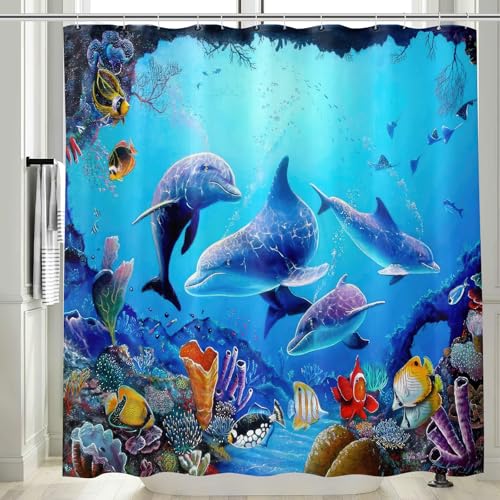 Vgzsyomqib Delphin Meer Duschvorhang 240x200 Extra Breit Anti Schimmel Wasserdicht für Badewanne Stoff Shower Curtains Delfin Fische Blau Unterwasserwelt Motiv Duschvorhänge Waschbar Textil von Vgzsyomqib