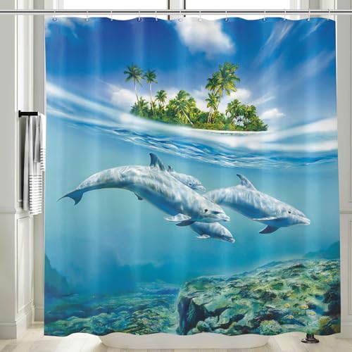 Vgzsyomqib Delphin Meer Duschvorhang 240x200 Extra Breit Anti Schimmel Wasserdicht für Badewanne Stoff Shower Curtains Delfin Palmen Blau Unterwasserwelt Motiv Duschvorhänge Textil von Vgzsyomqib