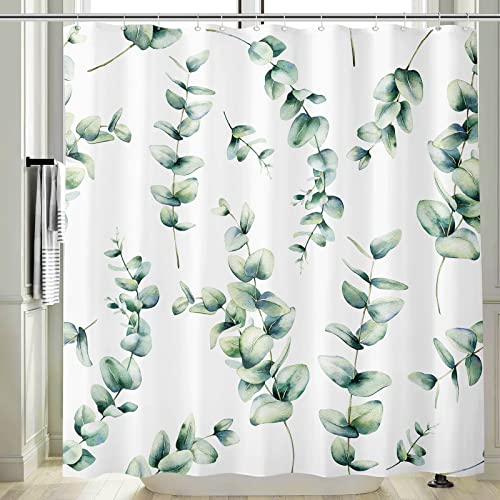 Vgzsyomqib Grün Eukalyptus Duschvorhang Antischimmel Wasserdicht für Badewanne Natur Pflanzen Weiß Vorhang Shower Curtains 180x200 Blätter Motiv Duschvorhänge Waschbar Textil mit Haken von Vgzsyomqib