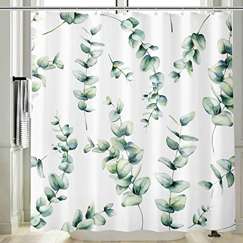 Vgzsyomqib Grün Eukalyptus Duschvorhang Antischimmel Wasserdicht für Badewanne Natur Pflanzen Weiß Vorhang Shower Curtains 240x200 Blätter Motiv Duschvorhänge Waschbar Textil mit Haken von Vgzsyomqib