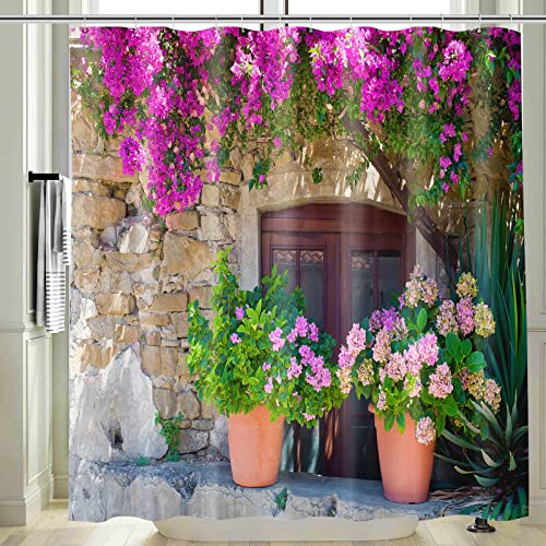 Vgzsyomqib Italien Motiv Duschvorhang Anti Schimmel Wasserdicht Badewanne 3D Rosa Blumen Stoff Bad Vorhang Shower Curtains 180x180 Lang Natur Bunt Duschvorhänge Waschbar Textil mit Haken von Vgzsyomqib