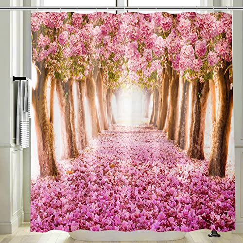 Vgzsyomqib Japan Wald Duschvorhang Anti Schimmel Wasserdicht Badewanne Rosa Blumen Stoff Bad Vorhang Shower Curtains 180x180 Lang 3D Natur Motiv Duschvorhänge Waschbar Textil mit Haken von Vgzsyomqib