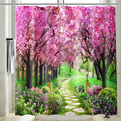 Vgzsyomqib Japan Wald Duschvorhang Anti Schimmel Wasserdicht Badewanne Rosa Blumen Stoff Vorhang Shower Curtains 240x200 Extra Breit Natur Pflanzen Duschvorhänge Waschbar Textil mit Haken von Vgzsyomqib