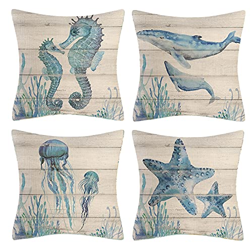 Vgzsyomqib Ozean Schildkröte Muster Kissenbezug Kissen Hülle Sofakissen Kissenbezüge 45x45 cm Dekokissen Couchkissen Bezug Schlafzimmer Kopfkissen Bezüge Kissenhülle Deko Kinder 4er Set Beige Blau von Vgzsyomqib