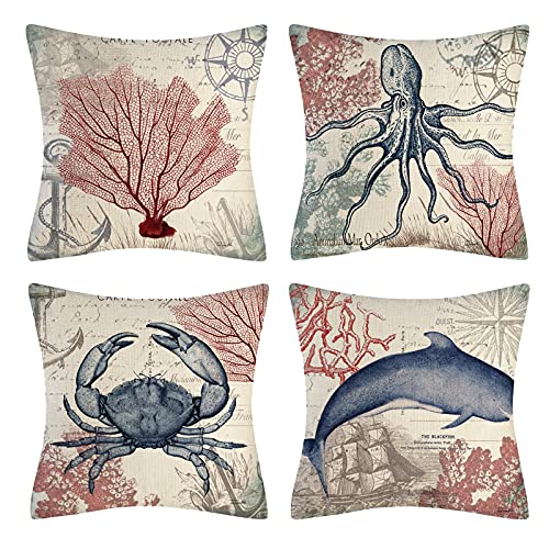 Vgzsyomqib Ozean Schildkröte Muster Kissenbezug Kissen Hülle Sofakissen Kissenbezüge 45x45 cm Dekokissen Couchkissen Bezug Schlafzimmer Kopfkissen Bezüge Kissenhülle Deko Kinder 4er Set Blau Rot von Vgzsyomqib