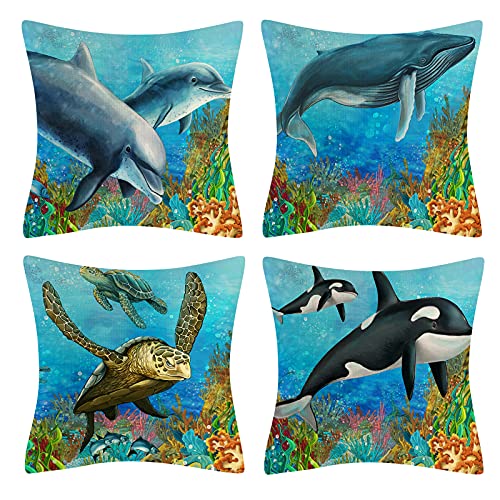 Vgzsyomqib Ozean Schildkröte Muster Kissenbezug Kissen Hülle Sofakissen Kissenbezüge 45x45 cm Dekokissen Couchkissen Bezug Schlafzimmer Kopfkissen Bezüge Kissenhülle Deko Kinder 4er Set Bunt von Vgzsyomqib