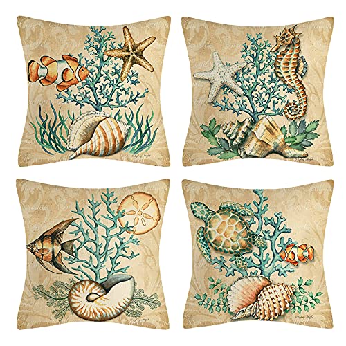 Vgzsyomqib Ozean Schildkröte Muster Kissenbezug Kissen Hülle Sofakissen Kissenbezüge 45x45 cm Dekokissen Couchkissen Bezug Schlafzimmer Kopfkissen Bezüge Kissenhülle Deko Kinder 4er Set Gelb Blau von Vgzsyomqib