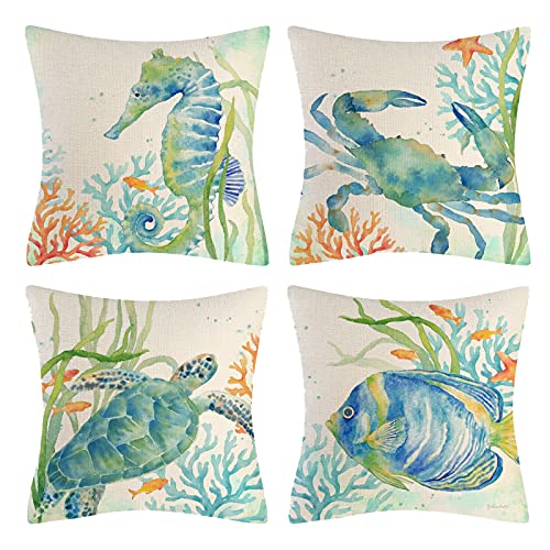 Vgzsyomqib Ozean Schildkröte Muster Kissenbezug Kissen Hülle Sofakissen Kissenbezüge 45x45 cm Dekokissen Couchkissen Bezug Schlafzimmer Kopfkissen Bezüge Kissenhülle Deko Kinder 4er Set Grün Blau von Vgzsyomqib