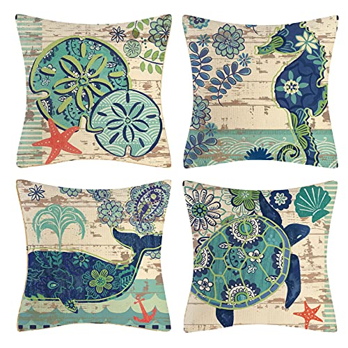 Vgzsyomqib Ozean Schildkröte Muster Kissenbezug Kissen Hülle Sofakissen Kissenbezüge 45x45 cm Dekokissen Couchkissen Bezug Schlafzimmer Kopfkissen Bezüge Kissenhülle Deko Kinder 4er Set Grün Blau von Vgzsyomqib