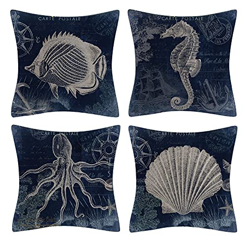 Vgzsyomqib Ozean Schildkröte Muster Kissenbezug Kissen Hülle Sofakissen Kissenbezüge 45x45 cm Dekokissen Couchkissen Bezug Schlafzimmer Kopfkissen Bezüge Kissenhülle Deko Kinder 4er Set Navy Blau von Vgzsyomqib