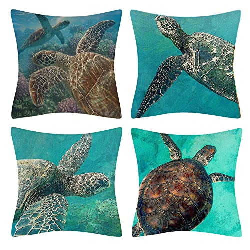 Vgzsyomqib Ozean Schildkröte Muster Kissenbezug Kissen Hülle Sofakissen Kissenbezüge 45x45 cm Dekokissen Couchkissen Bezug Schlafzimmer Kopfkissen Bezüge Kissenhülle Kinder 4er Set Braun Blaugrün von Vgzsyomqib