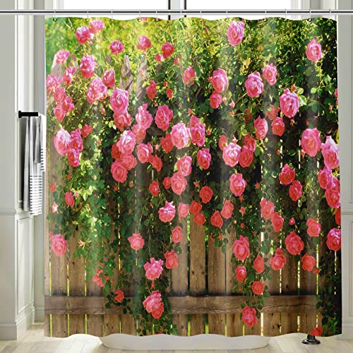 Vgzsyomqib Rosa Blumen Duschvorhang Anti Schimmel Wasserdicht Badewanne 3D Holzoptik Stoff Bad Vorhang Shower Curtains 180x180 Lang Natur Pflanzen Duschvorhänge Waschbar Textil mit Haken von Vgzsyomqib