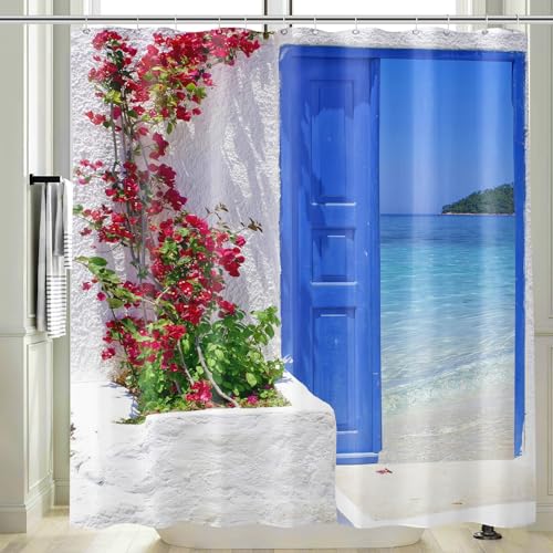 Vgzsyomqib Strand Meer Duschvorhang 180x200 Lang Anti Schimmel Wasserdicht für Badewanne Stoff Shower Curtains 3D Garten Tür Blau Ocean Insel Muster Duschvorhänge Waschbar Textil mit Ringen von Vgzsyomqib